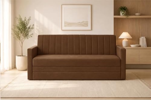 Image of Los Angeles Modern Velvet 3 Seater Sofa Cum Bed with Armrest, Multipurpose Convertible Sleeper Couch Sofa for Living Room, Bedroom & Office- Brown Color