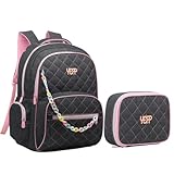 Kit Mochila Grande Escolar Estojo Box Juvenil Jeans Matelasse Teen Feminina (PRETO)
