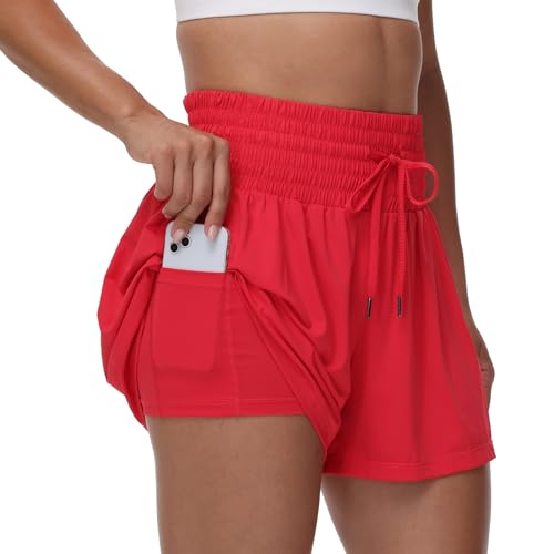 Flowy Athletic Shorts for Women Workout Running Gym Yoga Sport Short Pants Sweat Tennis Skirt Skort High Waisted with Pockets Biker Spandex Cute Comfy Lounge Trendy Clothes Casual Summer Red M