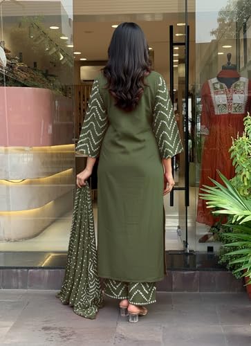 Image of GoSriKi Kurta Sets for Women Rayon Viscose Bandhani Printed | Kurti Set for Woman | Kurta Pant Dupatta Set | Straight Kurti | Round Neck 3 /4 Sleeve Suit Set for Women Stylish Ethnic Outfit