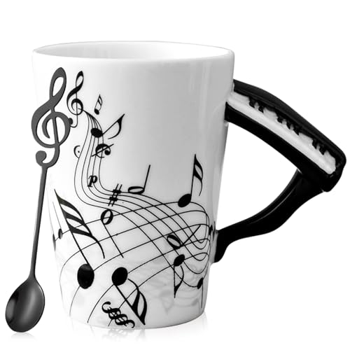 Caneca de cerâmica de 250 ml, caneca de café com alça de piano, notas musicais, caneca de chá de cerâmica com colher de música, caneca de presente de cerâmica para amantes da música, presente