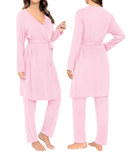 Image of SWOMOG Maternity Nursing Robe Set 3 Piece Breastfeeding Pajamas 3 in 1 Labor Delivery Sleevless Tops&Long Pants Pregnancy Pjs