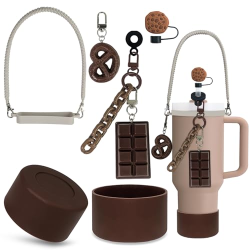 VirgoCCY 5PCS Chocolate Stanley Cup Accessories Set 30&40 Oz, Includes 1 Silicone Boot, 1 Handle Strap, 1 Straw Covers, 2 Cute Charms, Brown/Chocolate