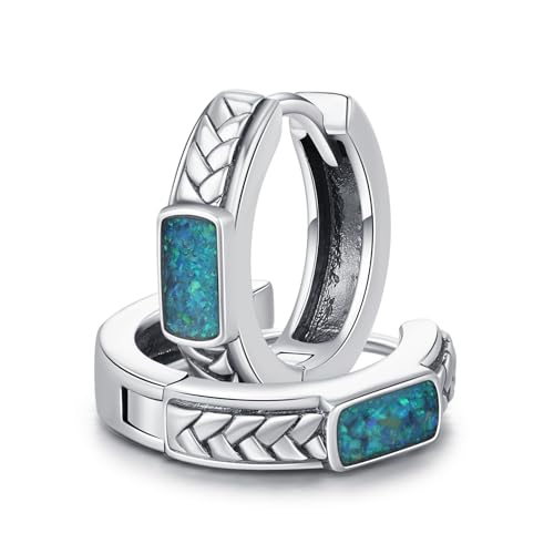 Boucles d'oreilles créoles argent 925 opale bleue pour femme, bijou d'oreilles anneaux