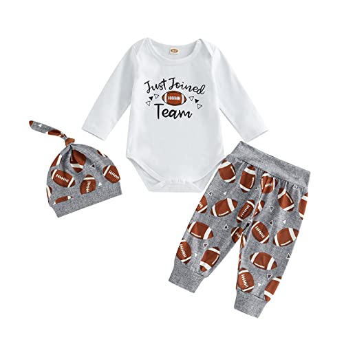 Image of 3Pcs Newborn Baby Boy Football Clothes Set Funny Letters Print Bodysuit Top Rugby Pants Hat Baby Coming Home Outfit (White+Gray, 0-6 Months)