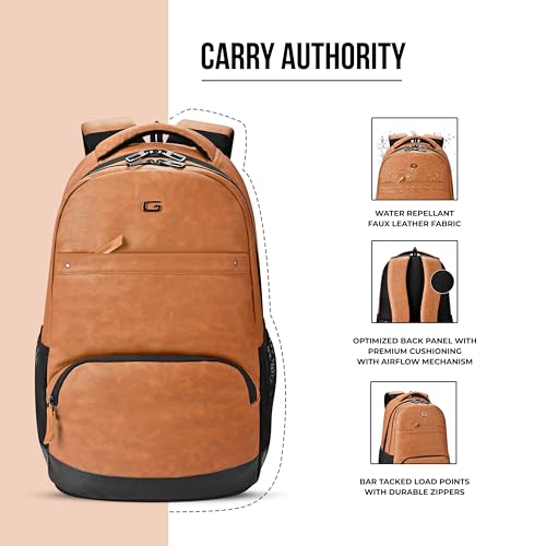Image of Gear vintage 2 19 inch /33L Large Faux Leather without AntitheftWater Resistant Laptop Backpack /Casual Backpack /Daypack /Travel Backpack /College Bag For Men /Women(Tan-Black)