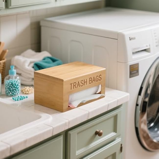 Bamboo Garbage Bag Dispenser Roll Holder - Wall Mount Trash Bag Organizer for 13-33 Gallons, Under Sink Kitchen Grocery Bag Storage Container