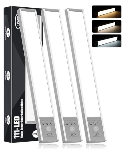 Diomart Under Cabinet Lighting Wireless,111- LED Operated Motion Sensor Light Indoor,1500mAh Rechargeable Closet Lights,Magnetic Dimmable Closet Lights Under Counter Lights for Kitchen, Stairs, 3Pack