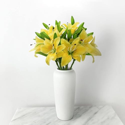 Image of CURATED CART 2 Pcs Lily Artificial Flowers Bunch for Home Decoration - Big Lilys Bouquet for Home Decor - Real Touch Faux Latex Long Stem - Includes 6 Lily Flowers and 10 Half Bloom Buds-Yellow Colour