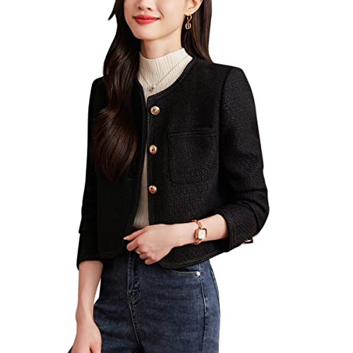 [ByFshow] カーディガン レディース アウター ツイード 長袖 ショート丈 ジャケット ノーカラー ブラック 上質 通勤 春秋冬 S-4XL - ByFshow - 商品画像