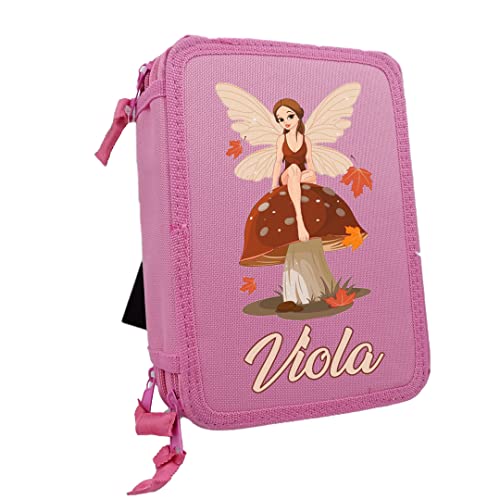 Astuccio Scuola 3 Zip Completo di 33 Pezzi con nome portatutto Portapastelli Fata Fatina Colorato di Penne Pastelli Pennarelli Righello Temperino Gomma Taccuino bambina