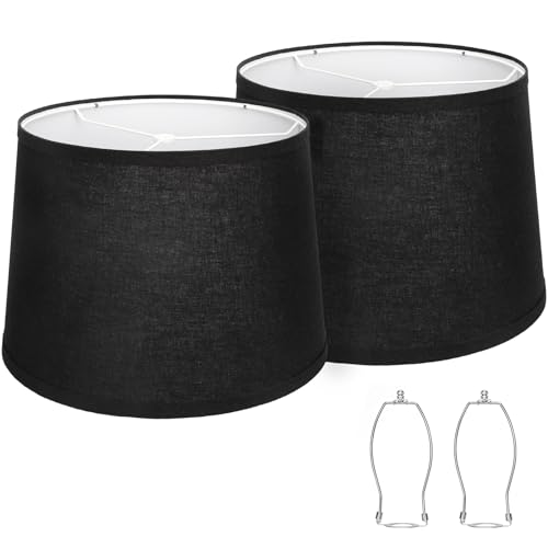Image of Black Lamp Shades Set of 2, 11.6 inchTop x 12.6 inchBottom x 9.8 inchHigh Medium | Drum Lamp Shades for Table Lamps Floor Lamps Wall Lamps, Replacement Lampshades, Spider, Harp Holders Included, Easy Assembly