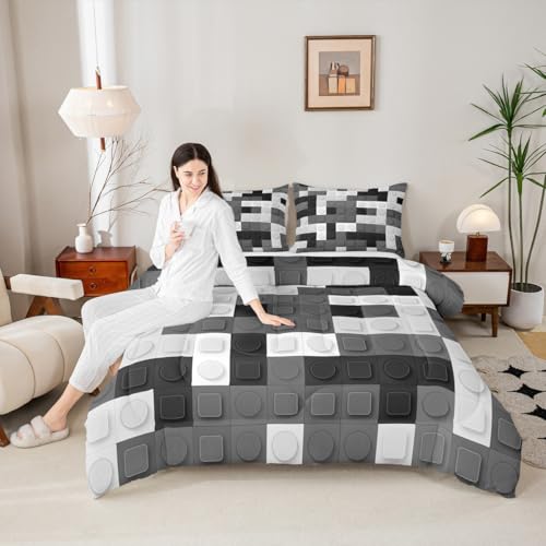 Image of Feelyou Building Blocks Games Toy Comforter Set Queen Size Kids Boys | Teens Brick Breathable Duvet Set Quilt Set Room Decor Black Grey Warm Cozy Lightweight All Season