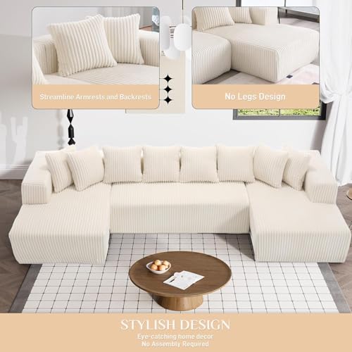 Image of 130 inch Modular Sectional Couch, Comfy Corduroy Couch Sectional Sofa with Double Chaise Lounge, Free Combination U Shaped Sectionl Sofa with Memory Foam, Luxury Couches for Living Room, Beige