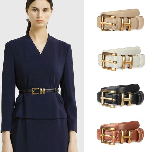 Image of Women's Fashion Classic Metal Buckle Leather Belt with Jeans Dress