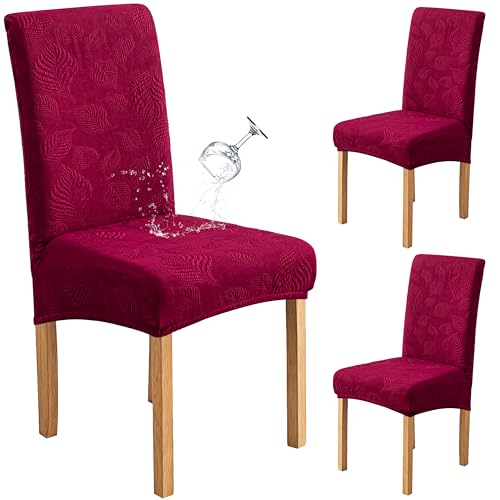 Image of Genina Waterproof Dining Chair Cover Set of 2,Kitchen Chair Cover,Wine | Stretch Dining Room Chair Slipcovers with Leaf Jacquard,Removable Kitchen Chair Protector for Home,Restaurant,Banquet