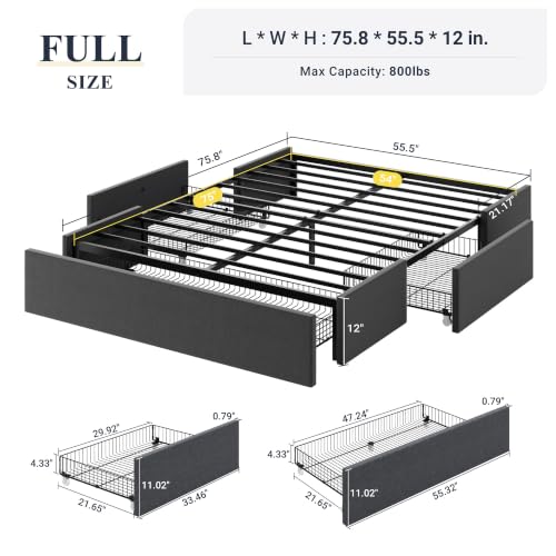 Image of Allewie Full Size Platform Storage Bed Frame with 3 Drawers, Dark Grey | Fabric Upholstered, Metal Slats Support, No Box Spring Needed, Noise Free, Easy Assembly