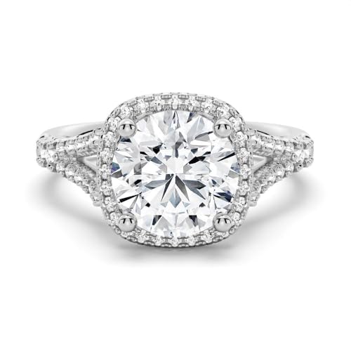MSBLUE Moissanite Engagement Ring, 1.0-2.0CT Round Cut with Halo and Pave, 14K White Gold Vermeil, Rhodium Finish