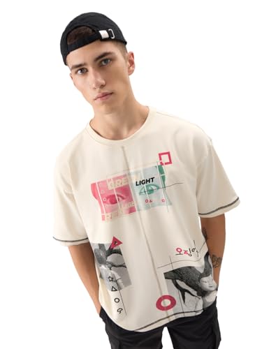 Image of The Souled Store Squid Game: Let's Play Men and Boys Short Sleeve Round Neck Beige Graphic Printed Cotton Oversized T-Shirts