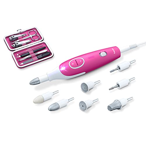 Beurer MP44 Professional Manicure and Pedicure Nail Drill set, E-file with 7 attachments, LED light, Electric nail file with additional manual nail kit, Pink