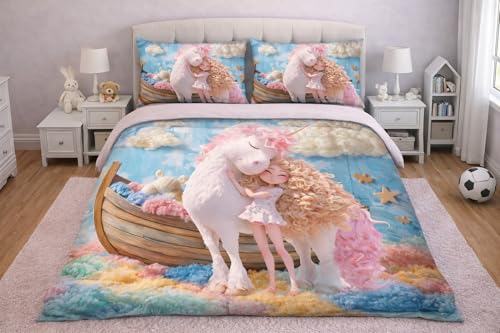 AB HOME DECOR Digital Print Premium Cartoon 7d Kids Bedsheet King Size Double Bed with 2 Pillow Covers – Soft, Fade Resistant, Skin Friendly, Breathable Bedding Set (90x100 Inch)-Unicorn Horse Print