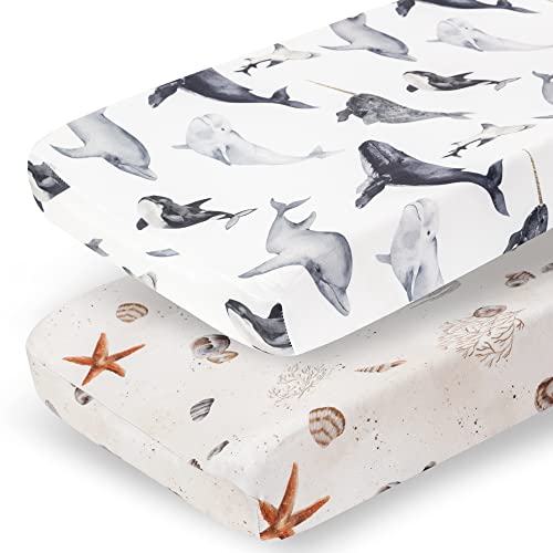 Image of Pobibaby - 2 Pack Premium Changing Pad Cover - Ultra-Soft Jersey Knit, Stylish Ocean Pattern, Safe and Snug for Baby (Seaside)