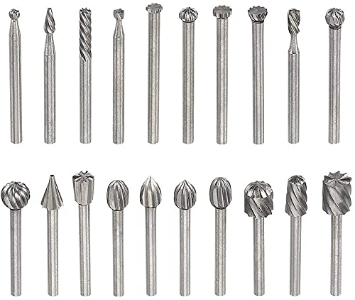 Yakamoz 20pcs 1/8" (3mm) Shank High Speed Steel Rotary Files Burrs Wood Milling Rotary File Burr Set for DIY Woodworking Carving Engraving Drilling