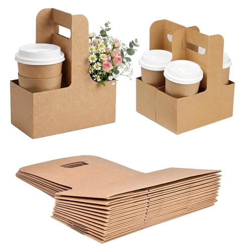 Yeustkony 20 Pack Kraft Drink Carrier with Handles, 2 Cup Disposable Paper Cup Holder for Hot or Cold Drinks, Takeout, Cafe and Restaurant Food Service Delivery, to Go Coffee Paperboard