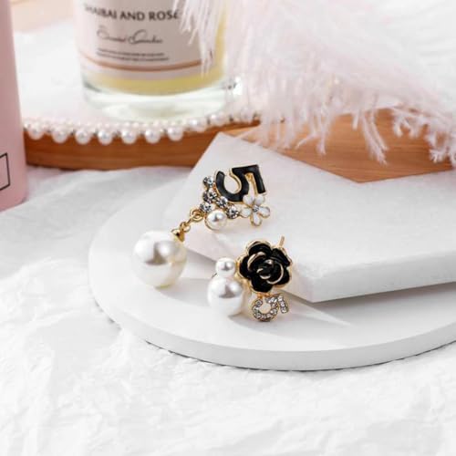 Faux Imitation Pearl White Black Floral Dangle Drop Earrings Studs for Women4