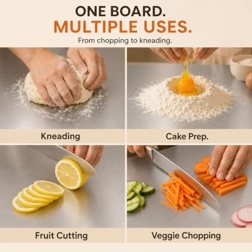 Image of Large Countertop Stainless Steel Chopping Board for Kitchen | Easy-Clean, Odor-Free Metal Cutting Board for Vegetables & Fruits | Durable Prep Board | 41 x 31 cm
