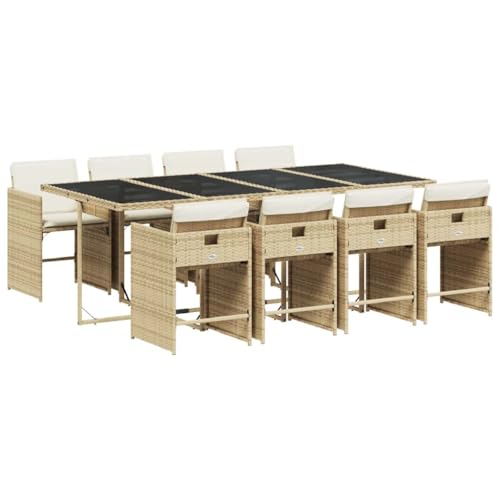 QJBSAVVA Salon de jardin 9 pièces avec coussins beige, en polyrotin pour jardin et terrasse, grande table de jardin avec plateau en verre trempé et 8...