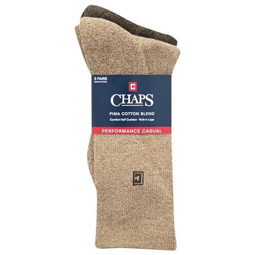 Chaps Mens Crew - 3 Pair Pack Assorted Solid Color And True Rib Dress Sock, Khaki, 6-12 US