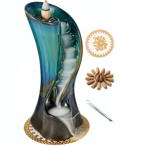 LAMDAWN Unique Cloud Stairs Ceramic Waterfall Incense Holder Paired with a Pack of Backflow Incense Cones. (Blue)