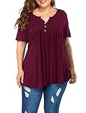 POSESHE Women's Plus Size Henley V Neck Button up Tunic Tops Casual Short Sleeve Blouse Shirts (Wine Red, Large)