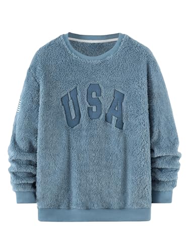 Floerns Men's Letter Embroidery Long Sleeve Teddy Sweatshirts Fuzzy Crewneck Pullover3