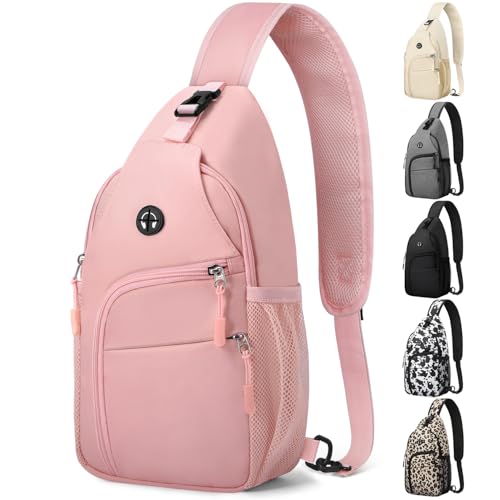 Pritent Bolsa tiracolo feminina masculina com alça de ombro conversível para caminhadas, viagens essenciais, Rosa claro, Medium