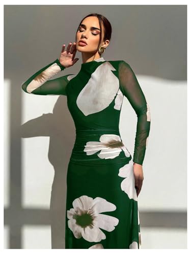 Image of Verdusa Women's Floral Wedding Guest Dress Long Sleeve Mesh Slimming Cocktail Vacation Maxi Dresses