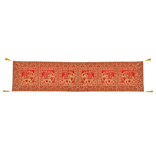 Image of E-EZRA Decorative Dining Table Runner Silk Runners Ends Tassels on Both Sides Banarasi Brocade Silk Tablecloth Decorative 6 Seater Runner Long Size 16x60 Inch (Red)