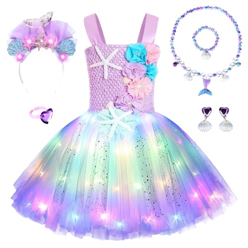 JONRRYIN Disfraz Princesa Niña, LED Disfraz Sirenita Niña con Diadema Collar Set, Sirena Princesa Disfraz Tutú Vestido Cosplay Vestirse para Carnaval Cumpleaños Fiesta Halloween Navidad 2-10 Años