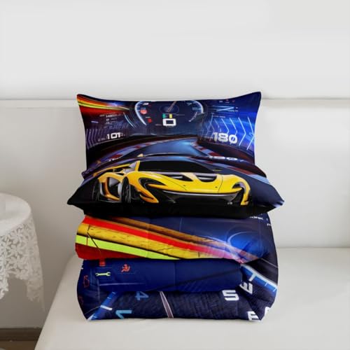 Image of Feelyou Blue Yellow Sports Bedding Set - Race Car Comforter Set for Kids - Twin Size with 1 Comforter Set and 1 Pillowcase