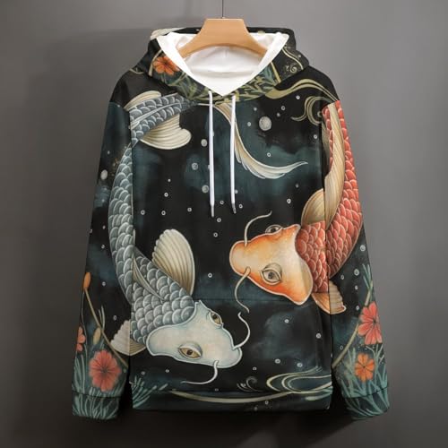 Sweat à capuche imprimé poisson et feuille à manches longues