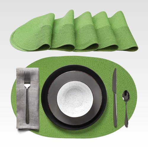 AGYO Set mit 6 ovalen Tischsets, geflochten, 44 x 29,5 cm, aus grünem Polypropylen, waschbar, rutschfest und rollbar, ideal für Tisch, Küche und Outdoor