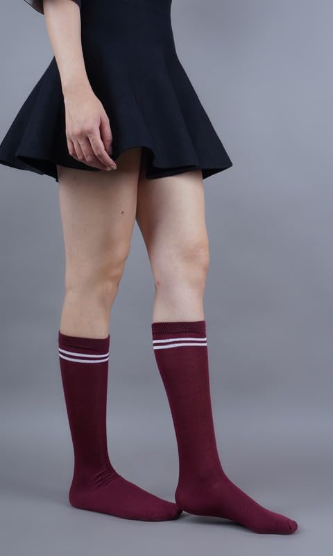 WKLOUYHE Maroon With White Stripes Design Knee Length School Cotton Socks for Boys & Girls_Pack Of 04(StripWht-Maroon,16-17 Years) 3