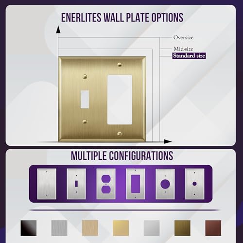 Image of ENERLITES Combination Toggle and Decorator Switch Metal Wall Plate, Stainless Steel 201, Corrosion Resistant, Size 2-Gang 4.50 inch x 4.57 inch, 771131-BB, Brushed Brass, Gold