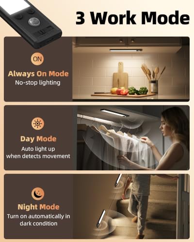 Image of EZVALO 8 inch Under Cabinet Lights, 2500mAh USB-C Rechargeable Motion Sensor Light, 3 Color Temps, 5-Level Dimmable Magnetic Wireless Closet Lights for Kitchen, Pantry, Stairs (2 Pack)