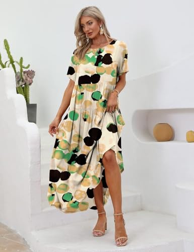 Image of YESNO Women Casual Loose Bohemian Floral Dress with Pockets Short Sleeve Long Maxi Summer Beach Swing Dress EJF