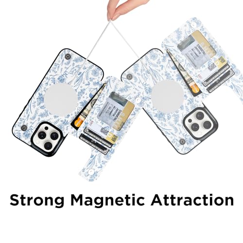Image of uCOLOR for iPhone 13 Pro Max Wallet Case Magsafe with Card Holder Slot【Compatible with MagSafe】 Folio Flip PU Leather Double Magnetic RFID Design 6.7 inch (Blue Toile Flowers)