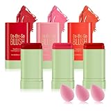3PCS Blush Stick for Cheeks,Multi-use Solid Matte Makeup Stick Blush Cream for Cheek Eyes and Lips Tint,Moisturizing Tinted Cream Blush,Natural Blendable Cheek Blusher with 3 Makeup Sponges