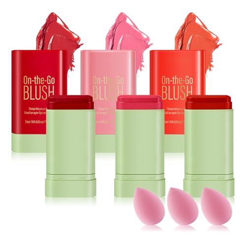 3PCS Blush Stick for Cheeks,Multi-use Solid Matte Makeup Stick Blush Cream for Cheek Eyes and Lips Tint,Moisturizing Tinted Cream Blush,Natural Blendable Cheek Blusher with 3 Makeup Sponges
