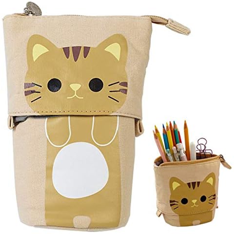 MINTIME Pencil Holder Canvas+PU Cartoon Cute Cat Telescopic Pencil Pouch Bag Stationery Pen Case Box with Zipper Closure (Coffee cat) Cover